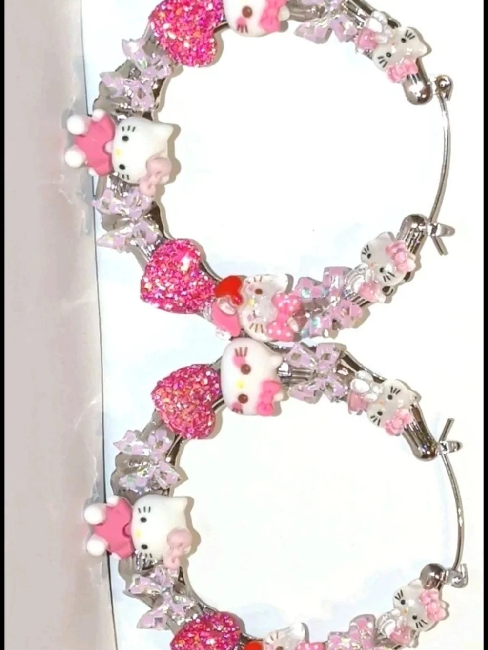 Hand Crafted Pink Hello Kitty Crystal Heart Hoop Earrings